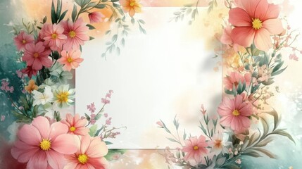 Watercolor blank greeting card template, floral border. Holiday template with copy space
