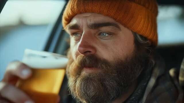 A bearded man in an orange knit hat, holding a beer glass, looking thoughtfully at the drin