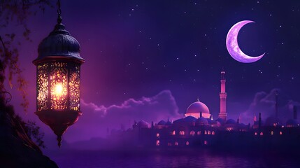 Lantern and a crescent moon for Eid Mubarak and Ramadan Kareem on a purple background, with copy space for text