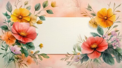 Watercolor blank greeting card template, floral border. Holiday template with copy space