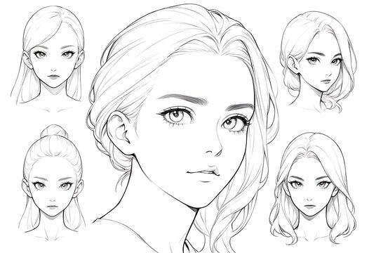 Female Face Proportions and Hairstyle Sketches for Drawing Reference. A collection of detailed line art sketches showcasing different female face shapes and hairstyles