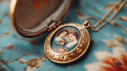 ornate vintage locket open to reveal two miniature portraits of women, surrounded by intricate gold detailing, resting on floral fabric background