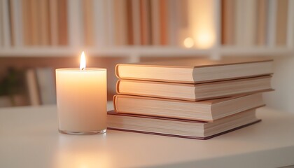 A stack of light brown and neutral-toned books on a white desk with a lit candle flickering softly casting a peaceful ambiance