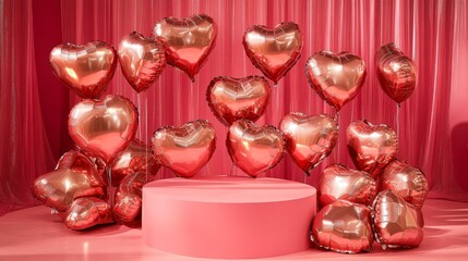 35.A stylish product showcase with a sleek pink podium surrounded by clusters of heart-shaped balloons in metallic finishes, set against a vibrant pink backdrop with subtle sparkles.