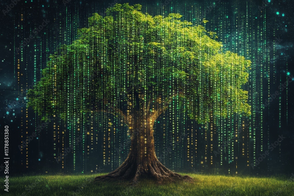 Poster a mesmerizing image of a tree with vibrant leaves and branches, with flowing data represented by bin