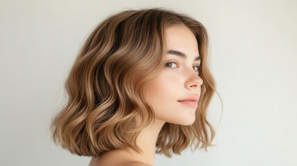 Naklejka premium Woman with Wavy Hair Posing Gracefully Against a Light Background