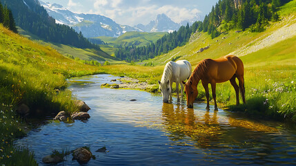 Horses drinking from natural stream in lush green pasture landscape