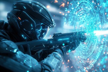 Cybernetic Soldier: A futuristic warrior, clad in advanced combat armor, fires a high-tech weapon, aiming at a glowing portal that crackles with energy.