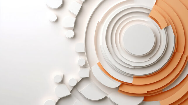 Abstract 3D design featuring layered circular patterns in white and orange tones, creating clean and modern aesthetic with sense of depth and balance