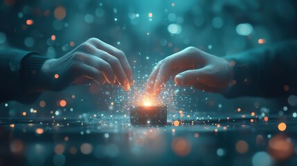 Dynamic collaboration of diverse hands creating a glowing digital network in a high-tech environment close-up view on innovation concept