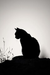 A black cat's silhouette sits elegantly against a softly lit background, creating a minimalist and mysterious atmosphere.