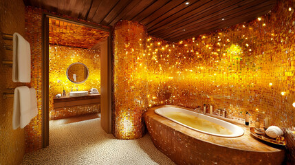 Luxurious amber-tiled bathroom with freestanding tub, adjacent shower, and warm lighting; resort spa interior design.