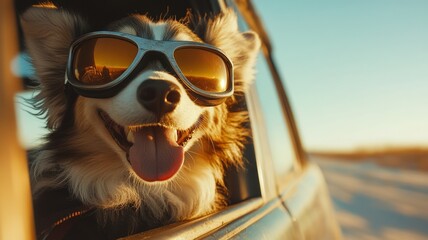 white husky with goggles, with head outside of car window, ears blowing