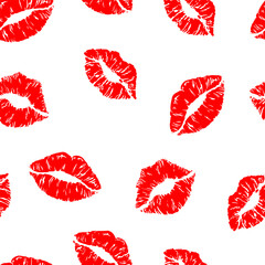 Seamless pattern with red lips, kiss, lipstick print. For wrapping paper, clothing design, cards, banners, covers, posters, wallpapers