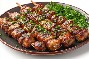A plate of meat skewers with a side of green vegetables