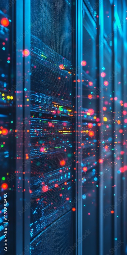 Poster abstract digital background depicting data connections and network systems in a modern server enviro