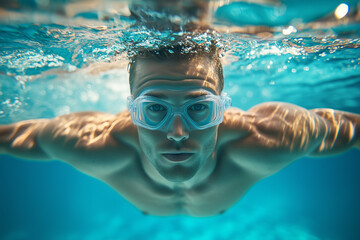 Fototapeta premium A man is swimming in a pool with his arms outstretched. The water is clear and calm, and the man is focused on his strokes. Concept of determination and focus