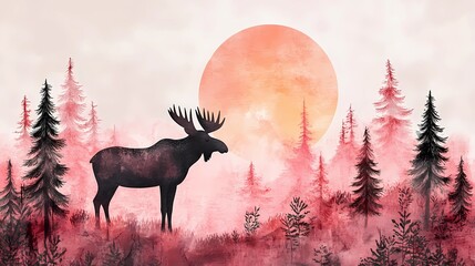 Majestic moose standing in a serene forest clearing, surrounded by tall trees and natural wilderness, background image style book illustration