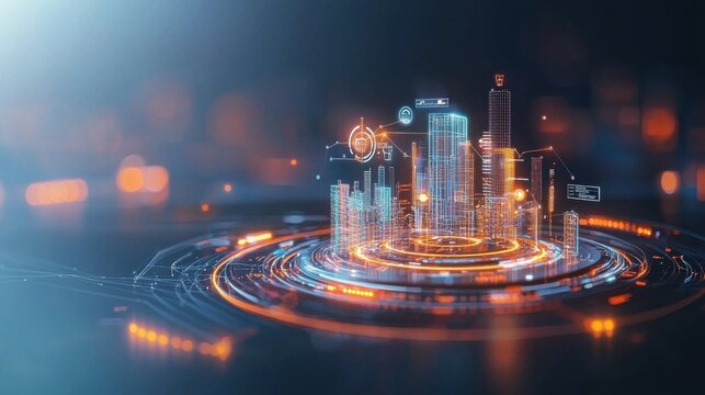 Dynamic urban progress models showcase virtual environment 3d visualization futuristic technology digital cityscape glowing holographic interaction