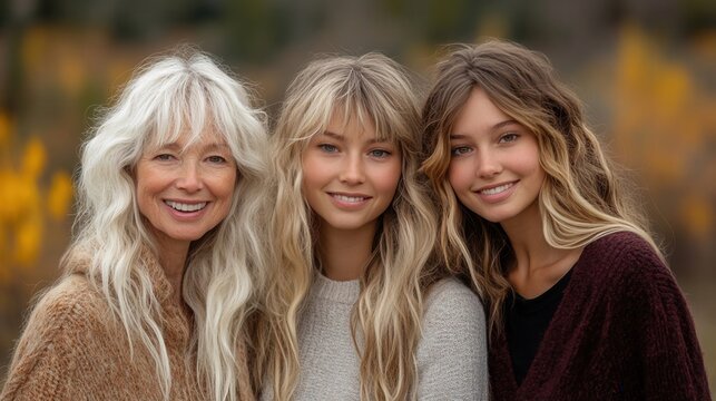 Three women smiling together in a natural setting.