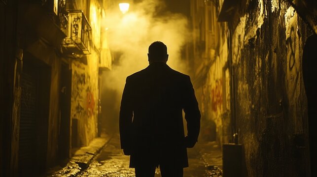 Silhouette in a misty urban alley scene.