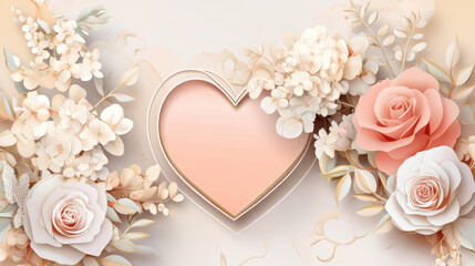 minimalist Valentine Day card featuring central heart surrounded by elegant pastel roses, hydrangeas, and delicate floral arrangements, evoking romance and charm