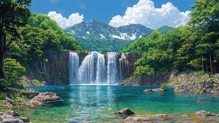 Fototapeta premium Majestic Waterfall in Lush Mountain Landscape: Serenity and Beauty of Nature