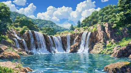 Fototapeta premium Majestic Waterfall Landscape: Serene Nature Scene, Stunning View of Cascading Water, Lush Greenery, Sunny Sky, Tranquil Paradise