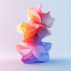 A large, abstract sculpture made of paper with a blue, red, and yellow base. The sculpture is made of paper and has a very abstract and modern look to it