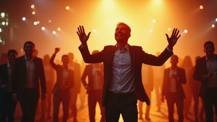 Group of diverse business people celebrating success with raised hands in warm orange light and sparkling background for teamwork achievement or corporate event concept