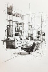 A drawing of a living room with a couch and a chair. The couch is on the left side of the room and the chair is on the right side