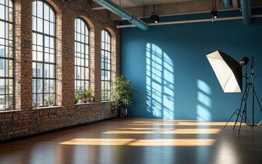 Obraz premium A contemporary studio space with a striking blue wall, a softbox light on the polished floor, exposed brick walls