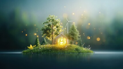 Futuristic renewable energy hub development eco-friendly island digital concept art serene nature aerial view sustainability vision