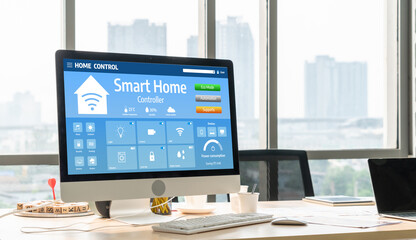 Smart home technology, centric remote control system with digital dashboard for air conditioning, safety security network or house automation. App software, ui panel programming IOT monitor snugly