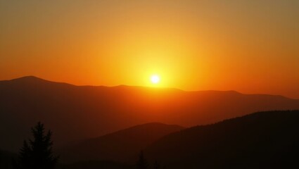 Golden sun setting behind dark mountain silhouettes, peaceful nature landscape during warm evening, perfect for relaxation, travel, adventure, or inspirational backgrounds with orange sky glow