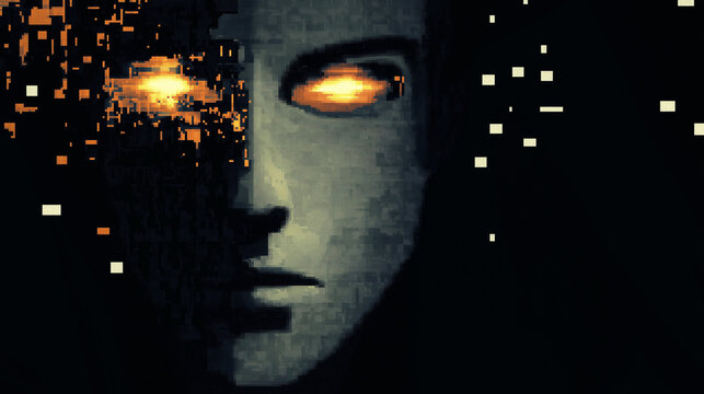 Digital block formation face with radiant eyes, tilted slightly, exuding intelligence and futuristic design, perfect for AI, technology, or innovation-themed concepts