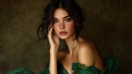 Naklejka premium Elegant Woman in Green Dress, Studio Portrait