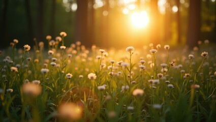 Wildflowers with white fluffy seed heads glowing in warm golden sunlight at sunset, perfect for nature backgrounds, spring themes, outdoor relaxation, and peaceful forest scenes with green foliage an