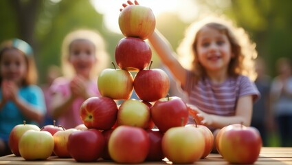 Children stacking apples to form pyramid given to bouts of excited claps and cheers, Professional stock photo, AI generated photograph