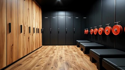 Modern gym interior with wooden lockers and weights, designed for fitness enthusiasts.
