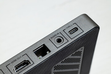 Obraz premium HDMI connector port electronic device box with ports to cables isolated