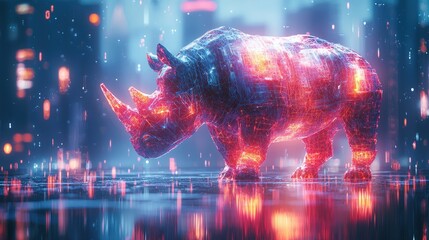 Cyber Rhino: A futuristic digital rhino roaming a neon city