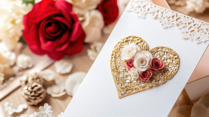 Elegant wedding invitation with intricate golden heart design adorned with red and white roses, surrounded by lace details and floral decorations, creating romantic atmosphere