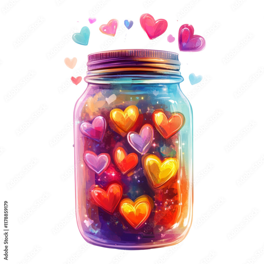 Poster a mason jar filled with colorful hearts floats against a white background some hearts spill from the