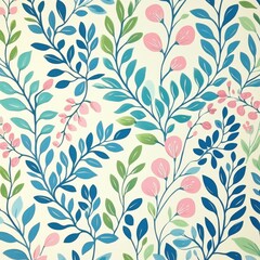 Colorful floral pattern featuring blue and pink leaves on a cream background, perfect for textiles and wallpapers.