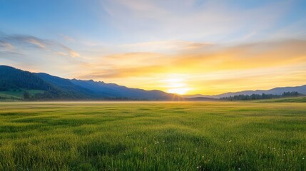 Naklejka premium Serene Sunrise Over Lush Green Meadow and Majestic Mountains