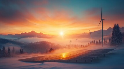 Obraz premium Renewable energy showcase winter solar farm and wind turbines majestic mountains gigapixel landscape frosty environment vibrant sunrise