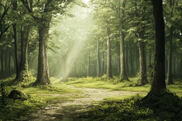 Fototapeta premium Enchanted Forest Pathway , Sunlight Illuminates the Woods