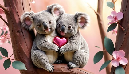 Two koalas cuddling, holding a heart, in a tree with cherry blossoms. Romantic, adorable, and loving couple of koalas. 