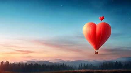Fototapeta premium Heart shaped hot air balloon silhouetted against a glowing vibrant evening sky drifting over a serene picturesque mountainous landscape This magical